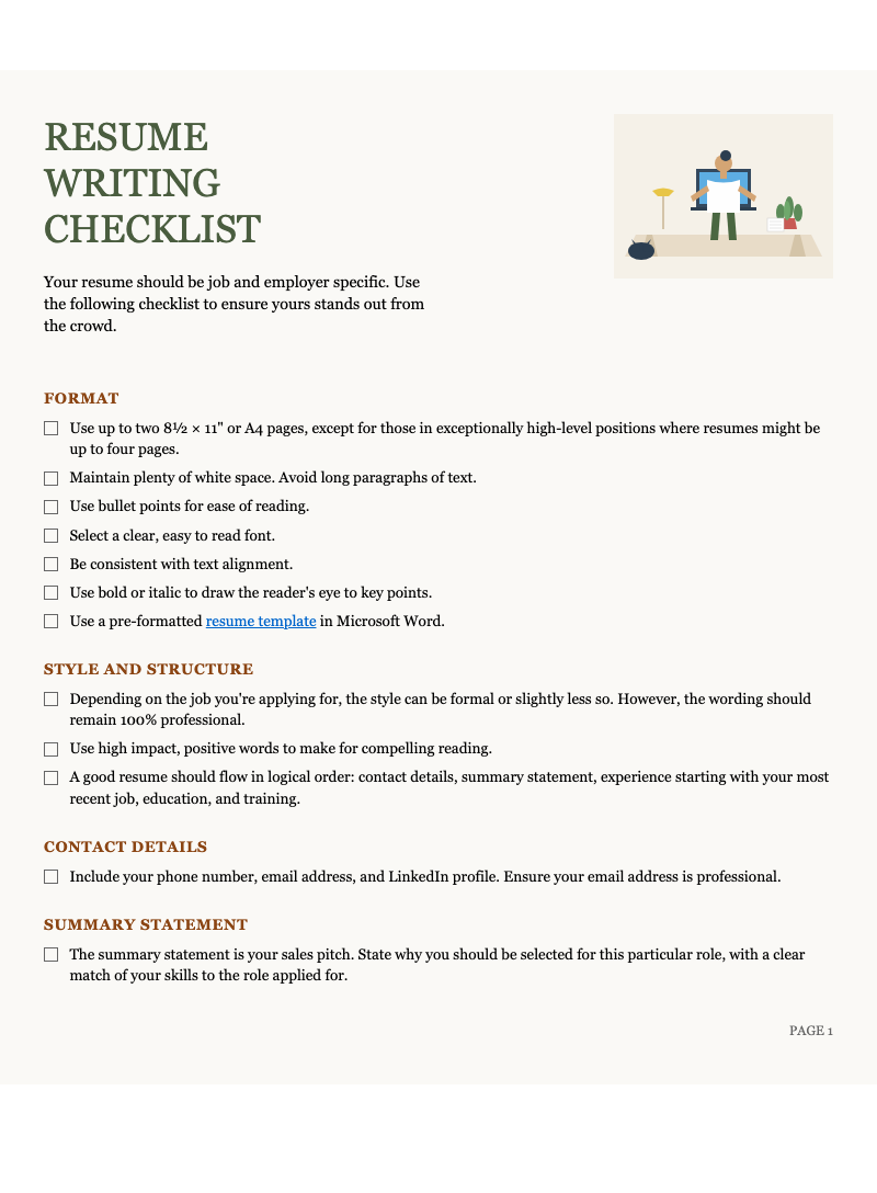 Resume writing checklist - Checklist for formatting and structuring professional resumes with actionable tips and essential elements.